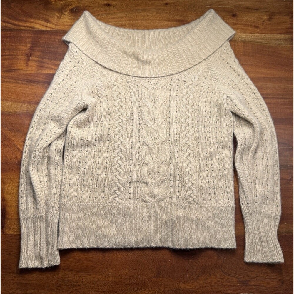 Banana Republic Angora Lambswool Cable Knit Off Shoulder Sweater M Taupe Vintage